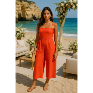 Old Navy Linen Blend Romper Jumpsuit Smocked Coral Summer Spring Boho Pockets XL